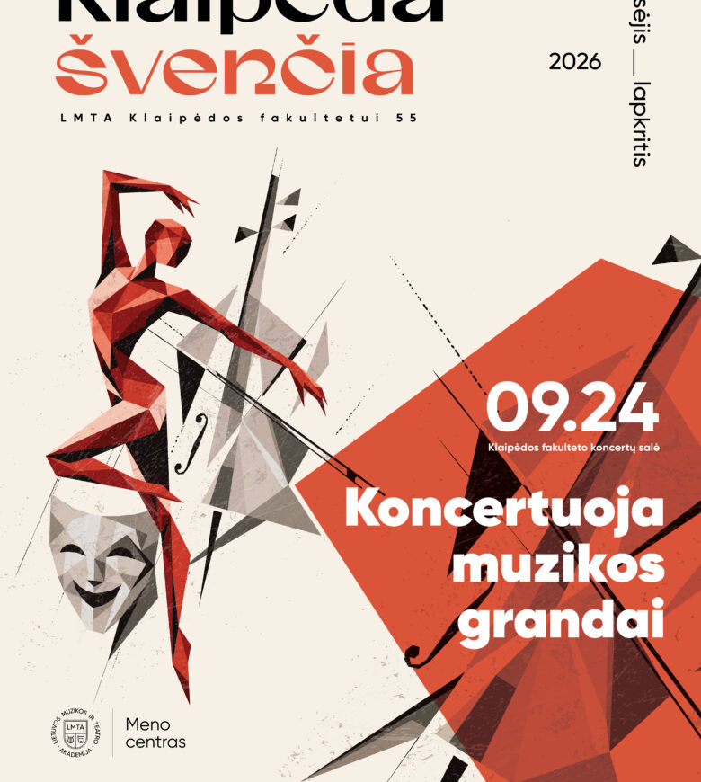 Plakatas kviečia į Klaipėdos šventę, kurioje rugsėjo 24 d. Klaipėdos fakulteto koncertų salėje vyks muzikos grandų koncertas. Plakate vaizduojamas stilizuotas šokėjas, kaukė ir muzikos instrumentas, o fone dominuoja raudonos, juodos ir pilkos spalvos.