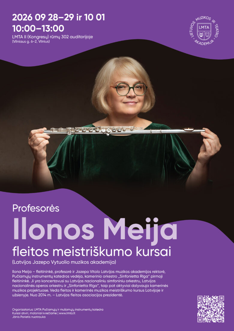 Vilniuje vyksiančio fleitos meistriškumo kurso plakatas. Jame pavaizduota fleitininkė Ilona Meija, laikanti fleitą.