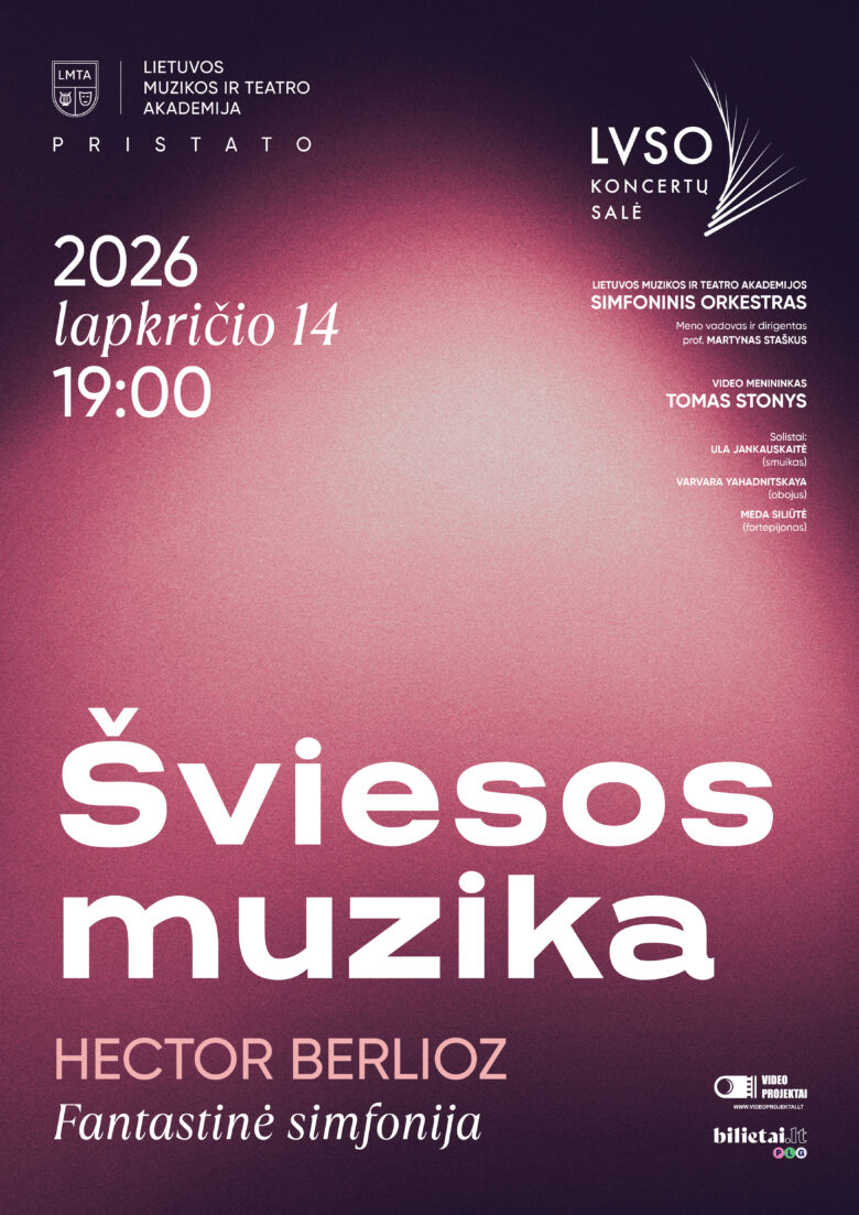 Plakatas skelbiantis LVSO simfoninio orkestro koncertą „Šviesios muzika“ 2026 m. lapkričio 14 d. 19:00 val. Hektoro Berliozo „Fantastinės simfonijos“ atlikimas.