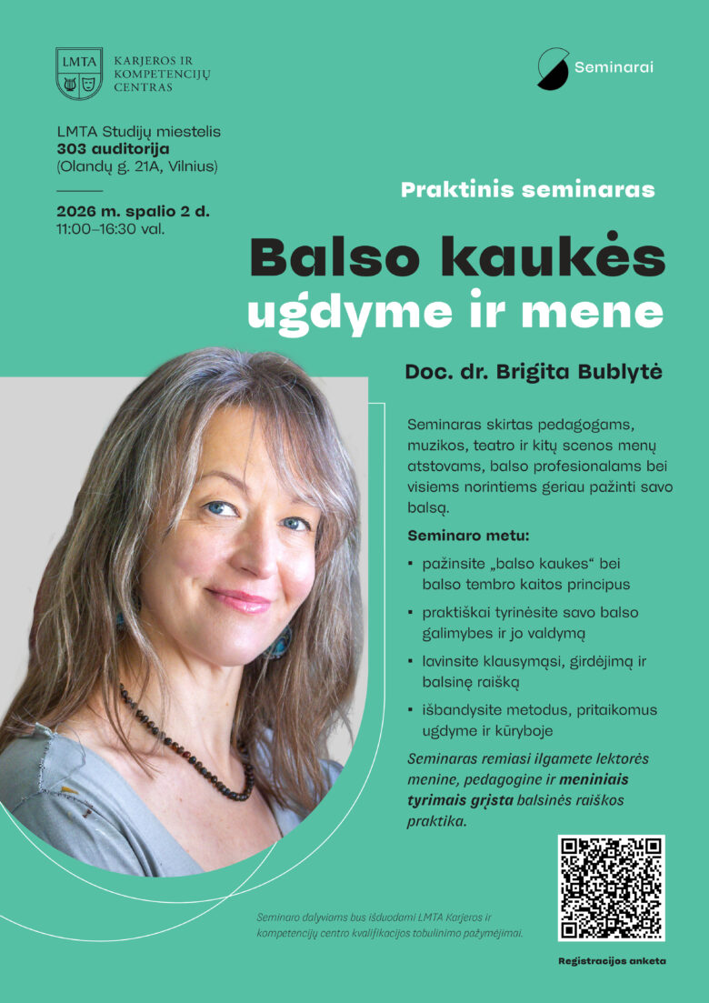 Moters portretas, reklamuojantis seminarą „Balso kaukės ugdyme ir mene“.
