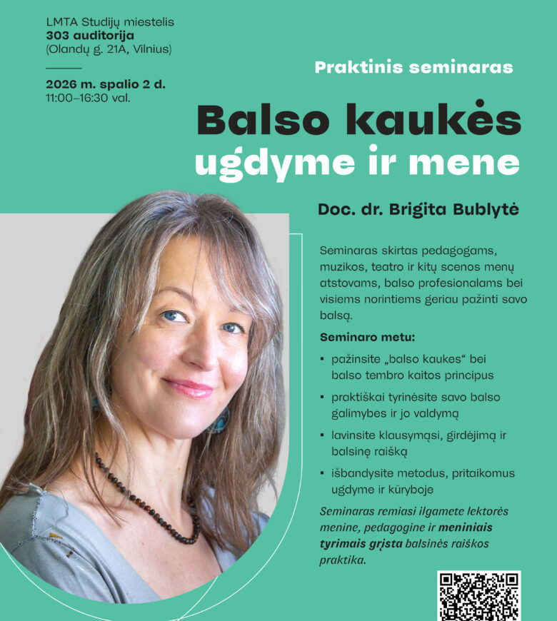 Moters portretas, reklamuojantis seminarą „Balso kaukės ugdyme ir mene“.