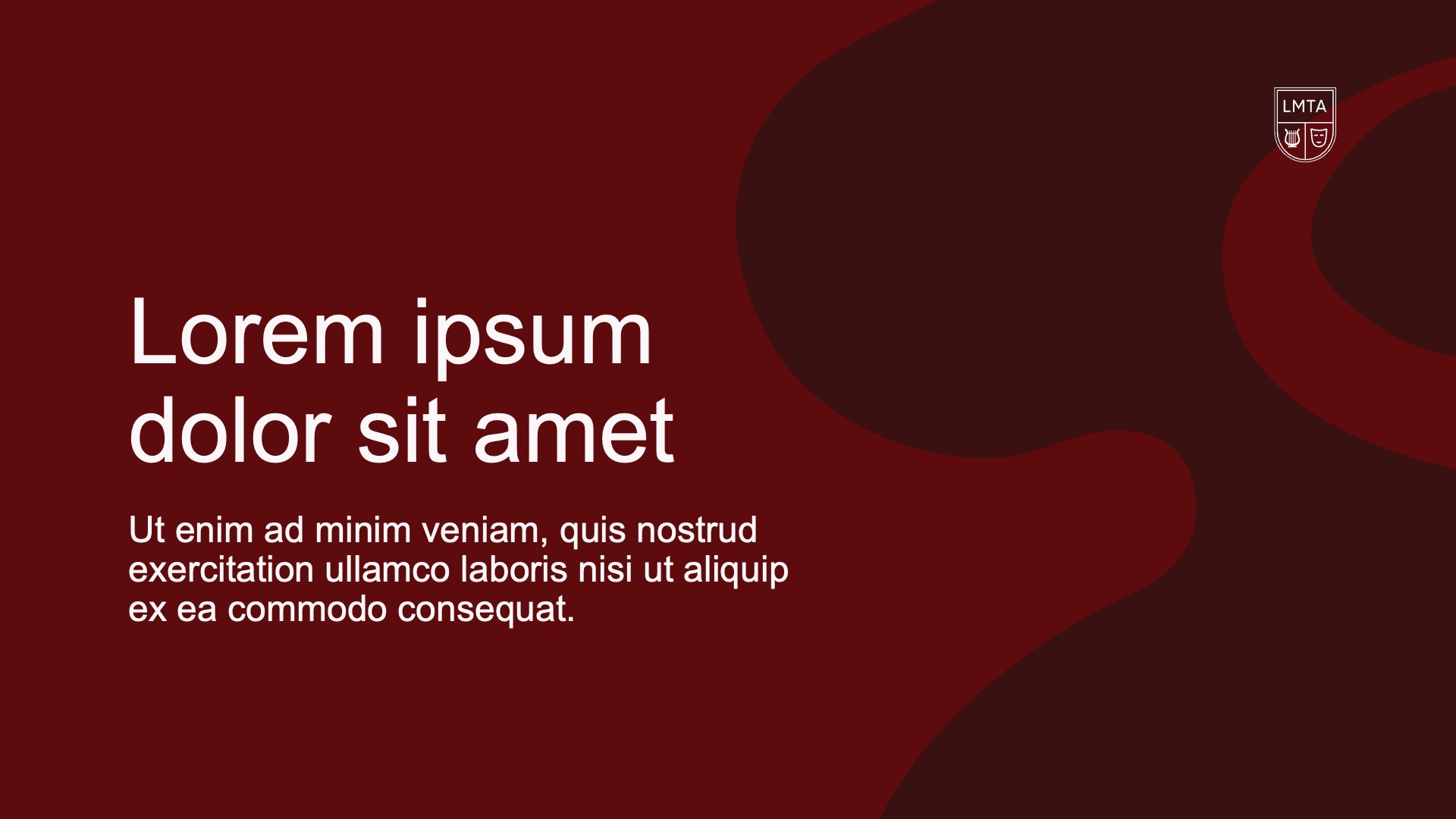Logotipas LMTA su skydeliu viršuje dešinėje ir baltu tekstu "Lorem ipsum dolor sit amet" bei papildomu tekstu.