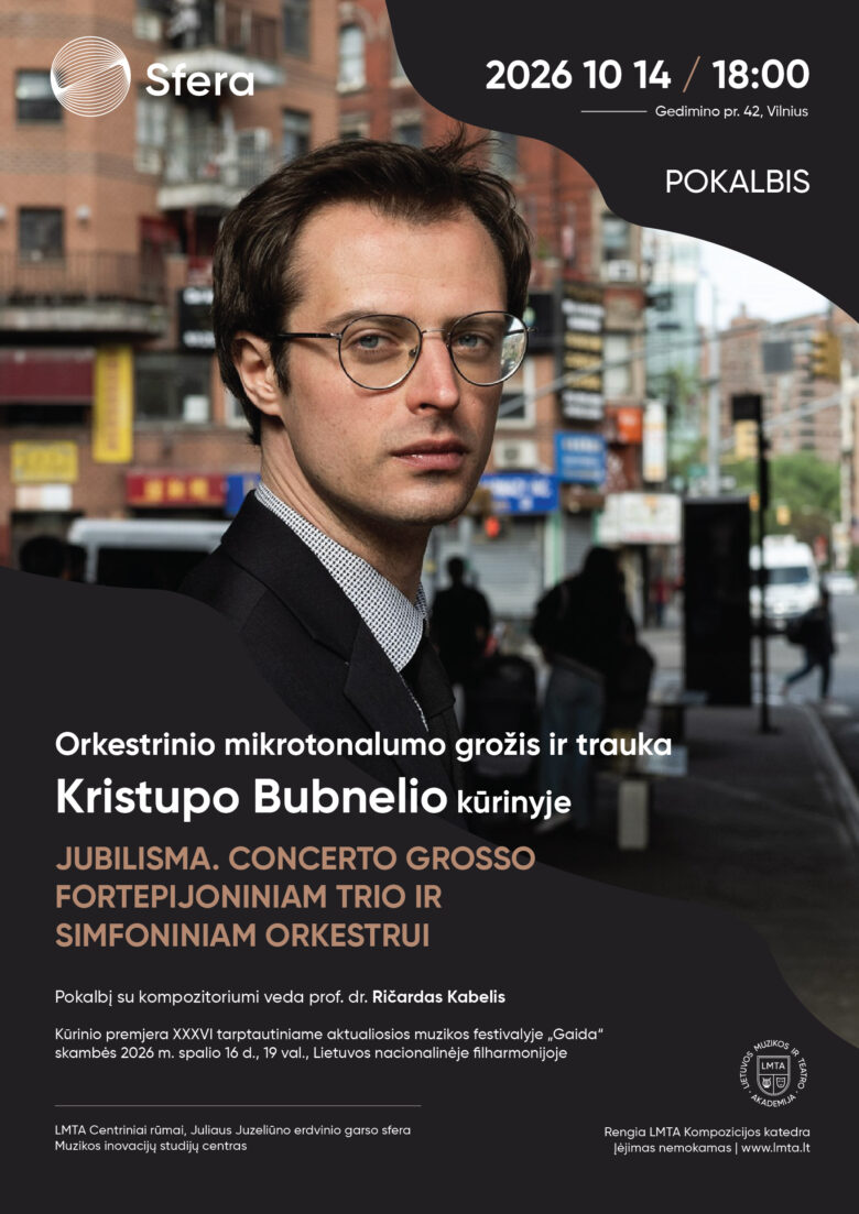 LMTA renginio plakatas su kompozitoriaus Kristupo Bubnelio portretu miesto fone, anonsuojantis pokalbį apie jo kūrinį „Jubilisma. Concerto grosso fortepijoniniam trio ir simfoniniam orkestrui“, kurį veda prof. dr. Ričardas Kabelis.