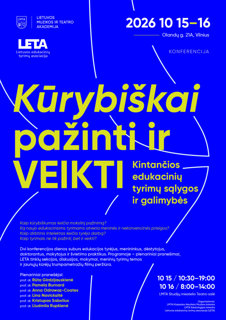 Mėlynos spalvos konferencijos „Kūrybiškai pažinti ir veikti: Kintančios edukacinių tyrimų sąlygos ir galimybės“ plakatas su geltonu ir baltu tekstu, LMTA ir LETA logotipais bei renginio informacija.