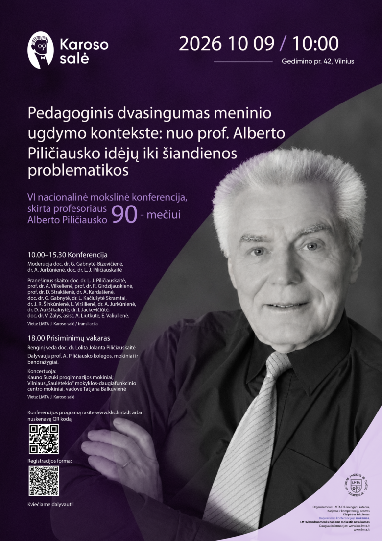 Konferencijos ir prisiminimų vakaro, skirto profesoriaus Alberto Piličiausko 90-mečiui, plakatas su besišypsančio profesoriaus portretu tamsiame fone, renginio programa bei informacija apie vietą ir laiką.